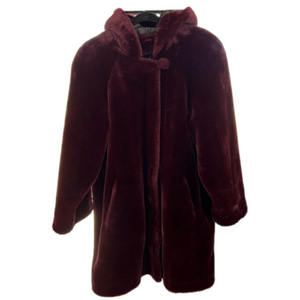Dennis Basso Vintage Faux Fur Hooded Coat Burgundy Size Medium* Zip Luxury